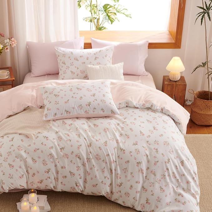 Floral Comforter Set Full Size - 3 Pieces Pink White Floral Comforter Bedding Sets Reversible Pattern,Full Bed in a Bag with Flowers Comforter and 2 Pillowcases