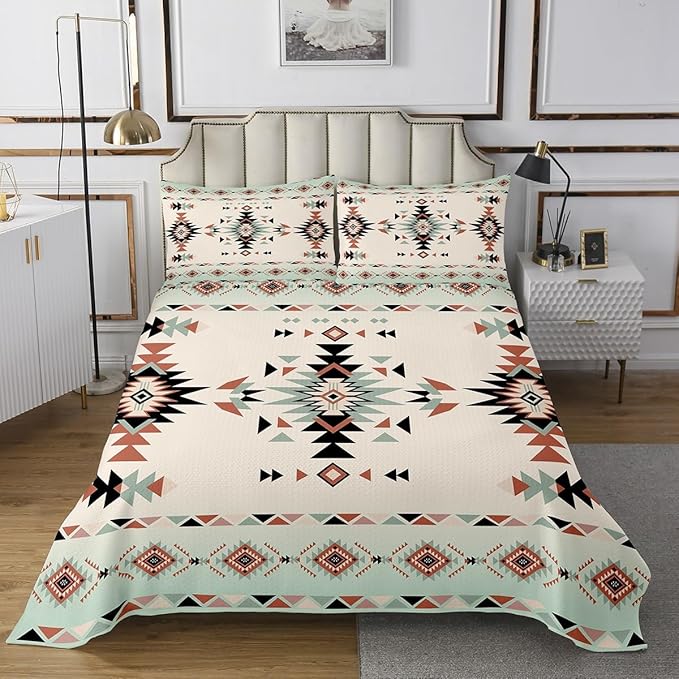 Manfei Western Cowboy Kids Bedspread King Size,Geometric Aztec Patchwork Coverlet Set,Boys Girls Room Decor,Southwest Boho Tribal Ethic Quilted Coverlet,Rustic Farmhouse Bedding Quilt,2 Pillowcases