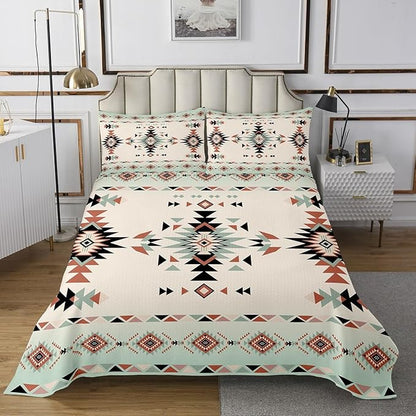 Manfei Western Cowboy Kids Bedspread King Size,Geometric Aztec Patchwork Coverlet Set,Boys Girls Room Decor,Southwest Boho Tribal Ethic Quilted Coverlet,Rustic Farmhouse Bedding Quilt,2 Pillowcases