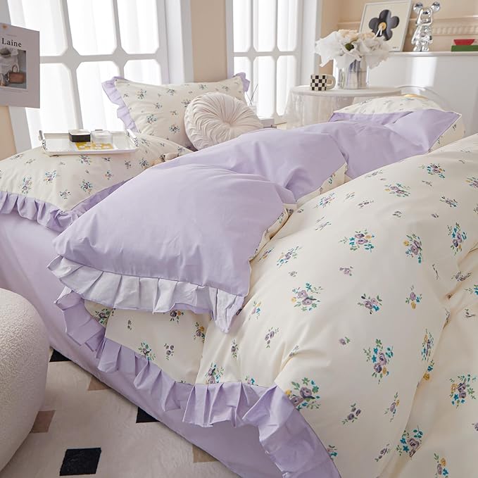 HighBuy Lavender Floral Comforter Set Full Princess Girl Ruffle Bedding Comforter Sets Farmhouse Coquette Cottagecore Bedding Set 1 Flower Comforter with 2 Pillowcases for All Seasons