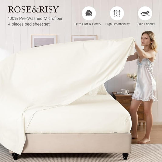 ROSE&RISY Beige King Size Sheet Set, Pre-Washed Microfiber Cotton-Like 4 Pcs Ultra Soft Bedding Set King, Breathable Cooling Skin-Friendly All Seasons, 1 Fitted, 1 Flat, 2 Pillowcases (Beige, King)
