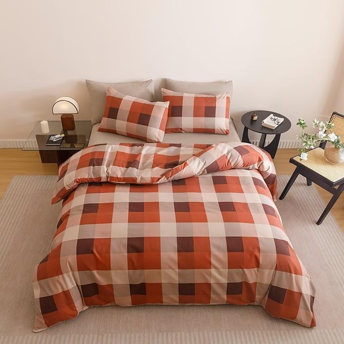Houseri Red Plaid Comforter Set King Vintage Grid Bedding Sets