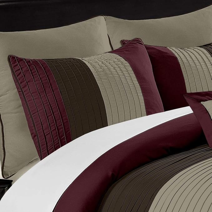 Chezmoi Collection Loft 8-Piece Luxury Striped Comforter Set (King, Burgundy/Coffee/Brown)