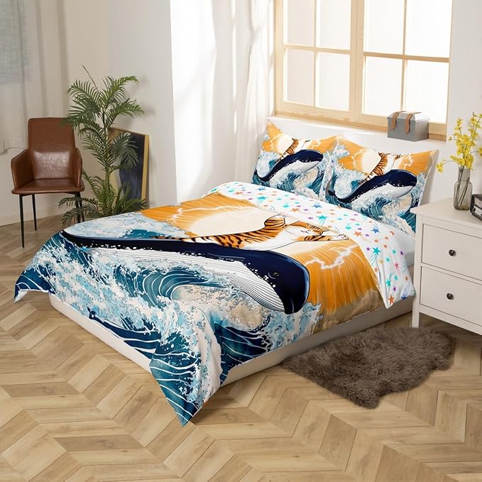 Feelyou Cute Cat Whale Bedding Set Queen Size Japanese Ukiyoe Theme Duvet Cover for Adult Kids Boys Girls Cartoon Anime Comforter Cover Set Navy Blue Bedspread Cover 3Pcs Zipper