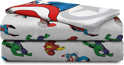 Jay Franco Kids Sheet Cartoon Set with Fitted, Flat Sheets & Pillow Cover - Ultra-Soft Bedding with Pillowcase for Room Decor, White - Avengers, 3 Piece Twin
