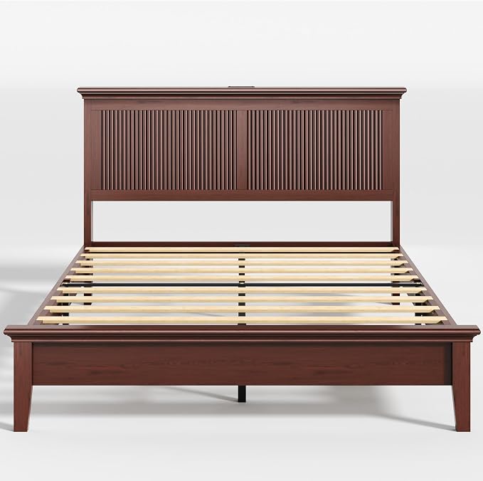Lifezone Queen Bed Frame with Headboard, Solid Wood Bed Frame Queen Size with Charging Station & RGB LED, Wood Slats Support, Noise-Free, Sturdy Structure, Easy Assembly, Mahogany