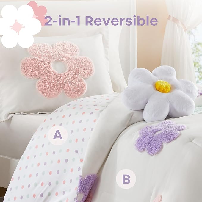 Intelligent Design Kids Twin Comforter Set for Girls, Tufted Chenille Floral Comforter Set Twin, Lightweight Polka Dot Comforter Reversible Bed Set, Sham, Pillow, Gracie, Twin White/Purple 3 Piece