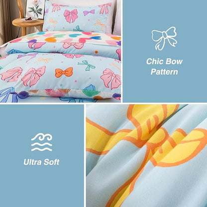 A Nice Night Twin Comforter Set for Girls 6 Piece Bedding Sets Soft Polyester Bed in a Bag with Multi-Color Chic Bows Pattern,Blue Background Room Decor for All Season