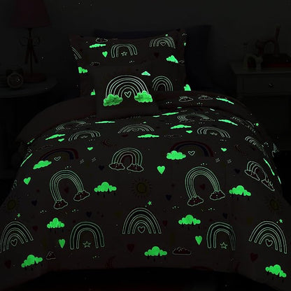 Twin Comforter Set for Girls-3 Pieces Pink Rainbow Glow in the Dark Twin Bedding Sets for Kids,1 Comforter,1 Sham and 1 Decor Pillow