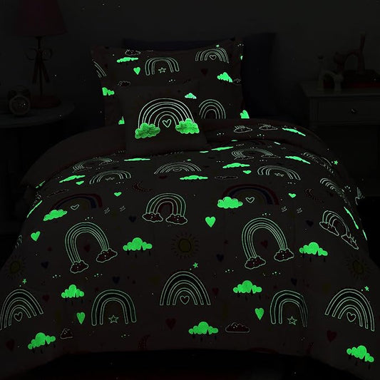 Glow in The Dark Twin Size Comforter Set for Girls, Pink Rainbow Bedding Set for Kids 1 Comforter, 1 Decor Pillow, 1 Pillow Sham
