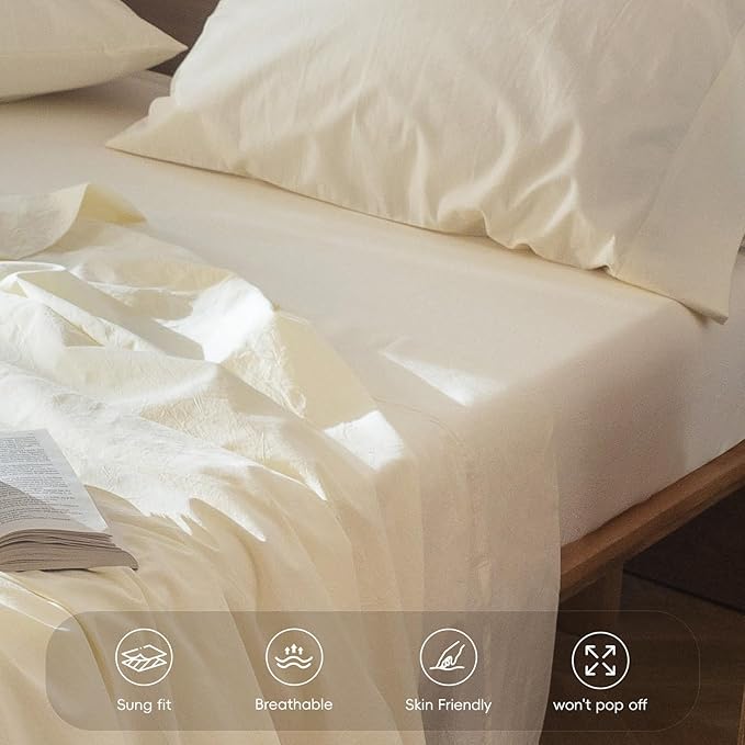 MooMee Fitted Bottom Sheet Only 100% Washed Cotton Linen Like Textured Breathable Durable Soft Comfy Deep Pocket Fits Mattress up to 17" (Cream White, California King)