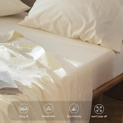 MooMee Fitted Bottom Sheet Only 100% Washed Cotton Linen Like Textured Breathable Durable Soft Comfy Deep Pocket Fits Mattress up to 17" (Cream White, King