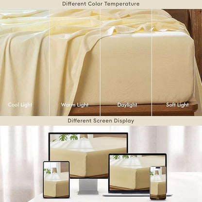 MooMee Fitted Bottom Sheet Only 100% Washed Cotton Linen Like Textured Breathable Durable Soft Comfy Deep Pocket Fits Mattress up to 17" (Heathered Butter Yellow, Full)