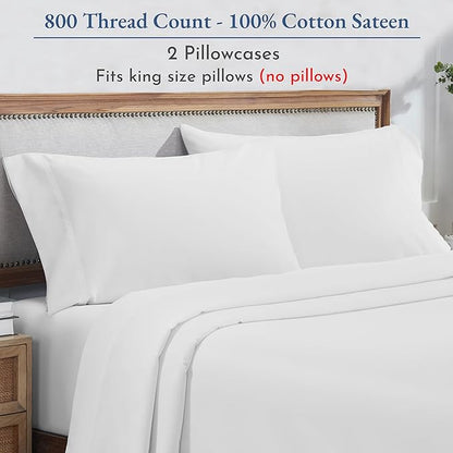 Heirloom Soft, Smooth & Thick Certified 800 Thread Count 100% Cotton Sateen, 2 King Size Pillow Cases, Fits King Pillows (Bright White)