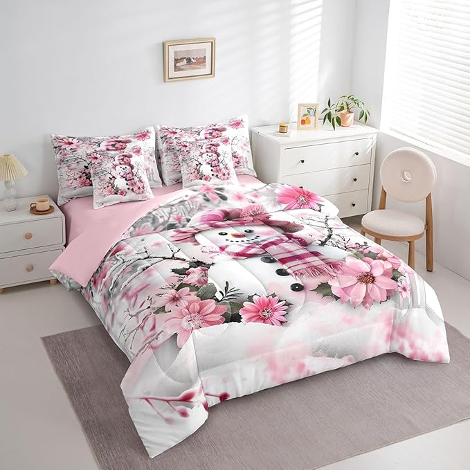 Winter Snowman Comforter Set 7 Pieces,Rustic Cherry Blossom Trees Botanical Bed Set,Farmhouse Decor Bedding Bed in a Bag,Full (1 Comforter,2 Pillowcase,2 Pillow Covers,1 Flat Sheet,1 Fitted Sheet)