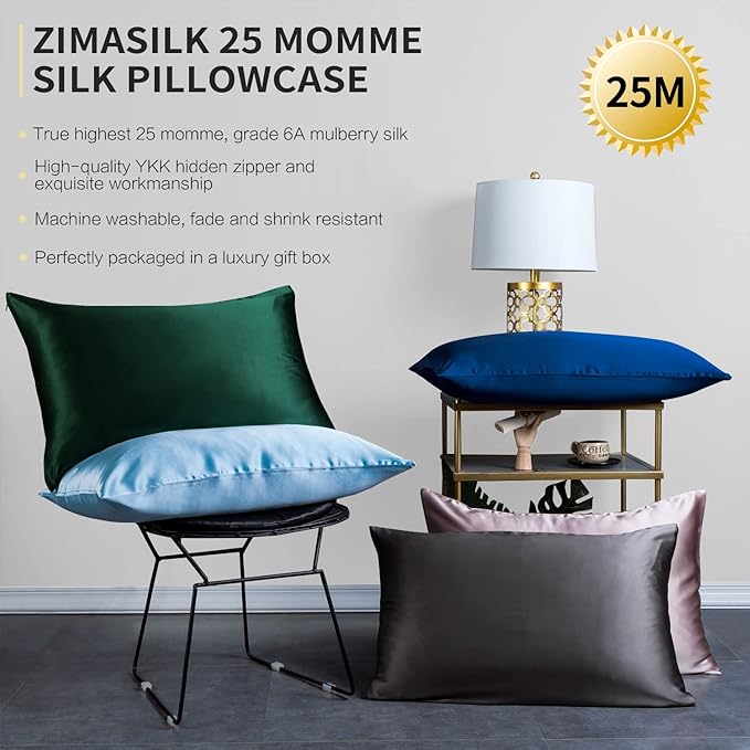 ZIMASILK 25 Momme 100% Pure Mulberry Silk Pillowcase for Hair and Skin Care, Highest Grade 6A Pillow Cases for Women, Long-Lasting Durablity, Gift for Women Men, 1Pc (Standard 20"x26", Blackish Green)