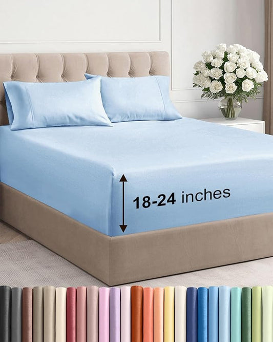 Extra Deep Twin Sheet Set - 4 Piece Breathable and Cooling Sheets - Hotel Luxury Bedding for Women, Men, Kids & Teens - Easy & Secure Fit - Soft, Wrinkle Free & Comfy - Extra Deep Pockets - Light Blue