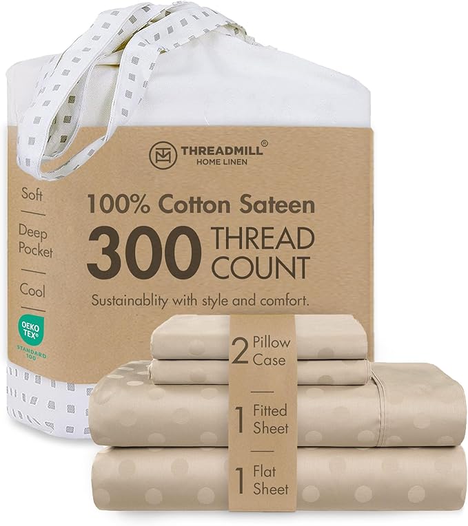 Threadmill Cotton Queen Sheet Set | 100% Cotton Sheets for Queen Size Bed | Damask Jacquard Queen Bed Sheets Set with 16” Deep Pocket | Soft Sateen Weave 4-Piece Cooling Bedding Set | Beige