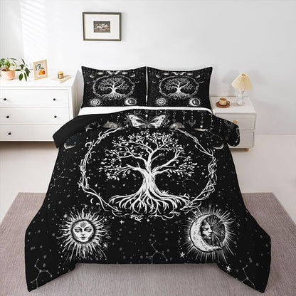 Feelyou Sun and Moon Comforter Bohemian Tree Butterfly Style Bedding Set Psychedelic Hippie Comforter Set for Boys Girls Children Teens Bedroom Decor Galaxy Astrology Duvet Set King Size