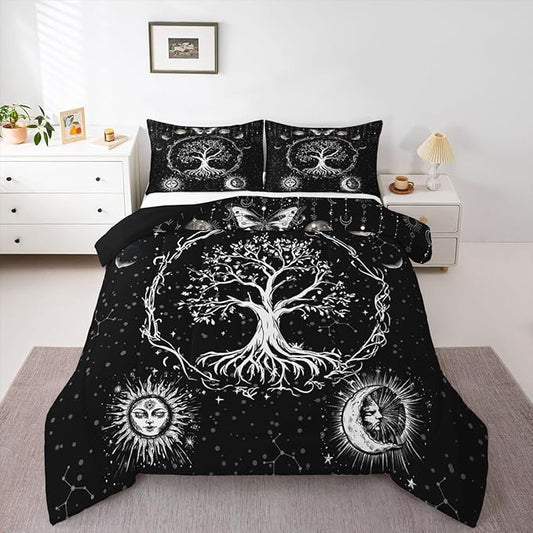 Feelyou Sun and Moon Comforter Bohemian Tree Butterfly Style Bedding Set Psychedelic Hippie Comforter Set for Boys Girls Children Teens Bedroom Decor Galaxy Astrology Duvet Set Full Size