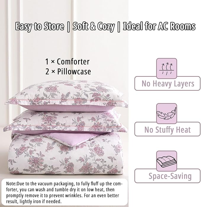 Pink Floral Cotton Comforter Queen Size 3PC - Vintage Romantic Botanical on Soft White with Smoky Pink Floral Reverse – Cozy Reversible Lightweight Comforter Set with Soft Fill(90"×90")