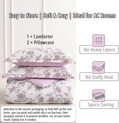 Pink Floral Cotton Comforter Queen Size 3PC - Vintage Romantic Botanical on Soft White with Smoky Pink Floral Reverse – Cozy Reversible Lightweight Comforter Set with Soft Fill(90"×90")
