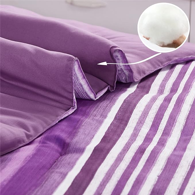 KAKIJUMN 7 Piece Bed in a Bag Stripe Comforter Set Full Size, White and Purple Patchwork Striped Comforter and Sheet Set, All Season Soft Microfiber Complete Bedding Sets(Purple,Full)