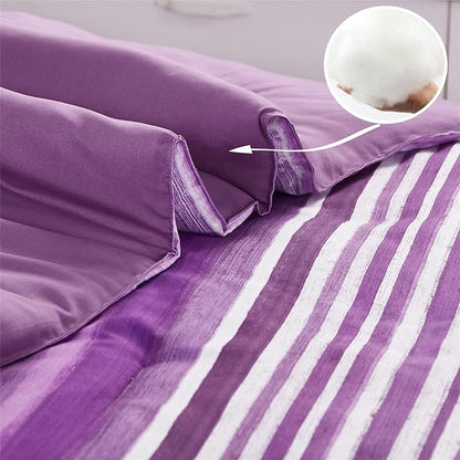 KAKIJUMN 7 Piece Bed in a Bag Stripe Comforter Set Queen Size, White and Purple Patchwork Striped Comforter and Sheet Set, All Season Soft Microfiber Complete Bedding Sets(Purple,Queen)