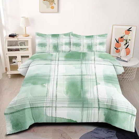 Kids Green Tie Dye Bedding Set, 2Pcs Twin Abstract Checkered Comforter Set for Girls Room Decor, Soft Microfiber for All Season (1 Comforter 68" x 90"and 1 Pillowcase)
