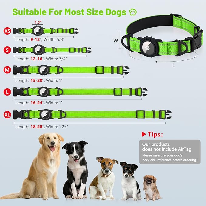 Taglory AirTag Dog Collar with Waterproof Holder for Small Dogs, Green, S | Reflective for Night Walks & Low-Light Safety, Track Your Pup Peace of Mind, Adjustable Soft Padded, No More Dangling Tags