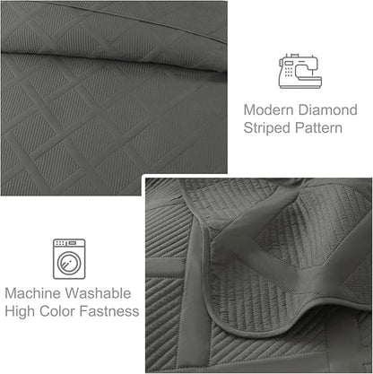 Exclusivo Mezcla Quilts Queen Size - Grey Quilt Set Bedspread with 2 Pillow Shams, Modern Bedding Set with Striped Pattern, Soft Lightweight Bedspreads Queen Size for All Seasons