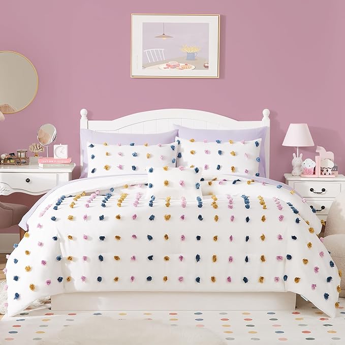 Geniospin Colored Pom Queen Comforter Set, 8 Pieces Ball Pom Comforter Sets, Bed in a Bag Queen, All Season Down Alternative Bedding Set, Lightweight, Warm and Breathable