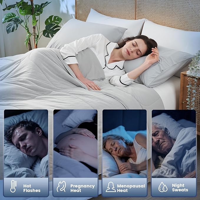 Amélie Home Cooling Comforter Queen Size, Dual-Sided Lightweight Cooling Blanket for Hot Sleepers, Q-Max 0.43 Breathable Cooling Quilt for Night Sweats, 90" x 90", Heather Cool Grey