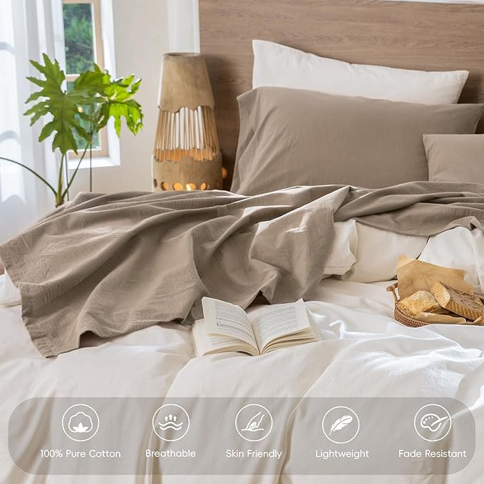MooMee Bedding Sheet Set 100% Washed Cotton Linen Like Textured Breathable Durable Soft Comfy (Solid Mocha Brown, Full)
