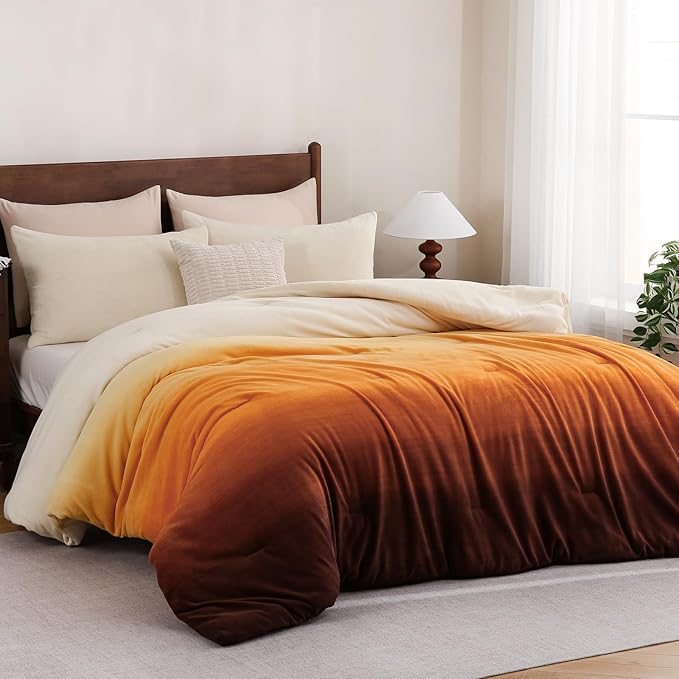Bedbay Orange Gradient Plush Fleece Comforter Set King Size Ultra Soft Velvety Bedding Thick Warm Cozy Winter Quilt with 2 Pillowcases Luxury Sunset Ombre Fluffy Bed Set for All Seasons