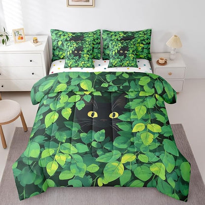 jejeloiu Cute Cat Bedding Set 7Pcs King Size Kids Kawaii Kitten Comforter Set with Sheets for Boys Girls Green Plant Bed in a Bag Soft Lightweight,Microfiber