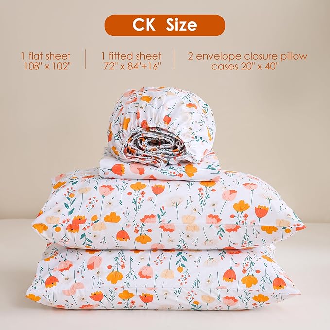 JSD Floral Printed Sheet Set Cal King, 4 Piece Flower Pattern Microfiber Bed Sheets Deep Pocket