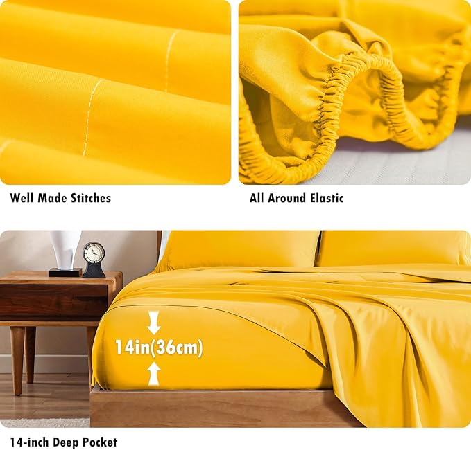 ClevaHome Twin Sheets Set, 3-Piece Twin Size Sheets, Lightweight & Super Soft Easy Care Microfiber– Shrinkage & Fade Resistant Bedding Set with 14'' Deep Pockets (Mustard)