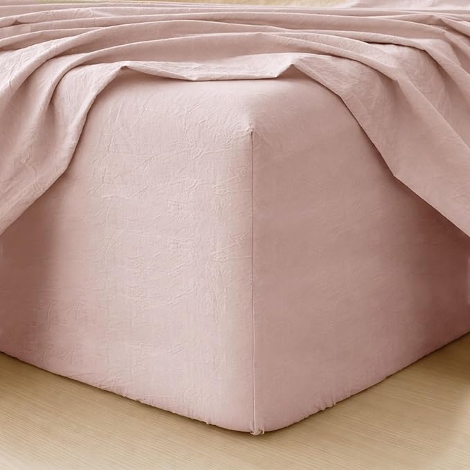 MooMee Fitted Bottom Sheet Only 100% Washed Cotton Linen Like Textured Breathable Durable Soft Comfy Deep Pocket Fits Mattress up to 17" (Greyish Pink, Queen)