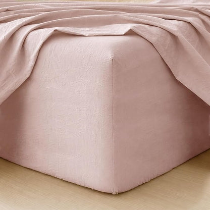 MooMee Fitted Bottom Sheet Only 100% Washed Cotton Linen Like Textured Breathable Durable Soft Comfy Deep Pocket Fits Mattress up to 17" (Greyish Pink, Queen)
