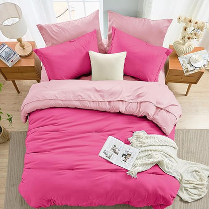 MUXHOMO 7 Pieces Queen Comforter Set, Soft Bed in a Bag Queen Size, All Season Bedding Set with Comforter, Flat Sheet, Fitted Sheet, Pillowcases & Shams, Hot Pink & Baby Pink