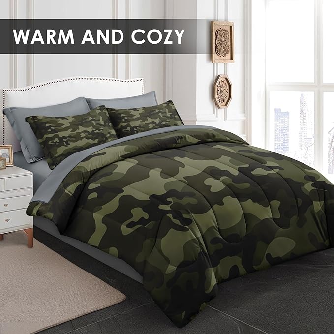 Comforter Set Queen Size, Camo Army Camouflage 7 Pcs Bedding for Kids and Adults, Military Green Bed Sheet Sets with Fitted Sheet 2 Pillowcases & 2 Shams for Bedroom Bed Decor