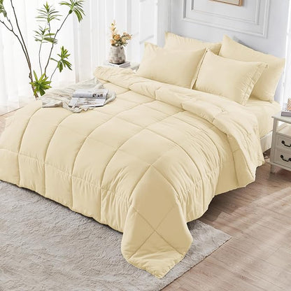 JOLLYVOGUE Twin Comforter Set, Ultra-Soft Bed in a Bag Twin Size 5 Pieces, Oeko-TEX Certified Bedding Set with Down Alternative Comforter, Sheets, Pillowcases & Shams, Light Yellow