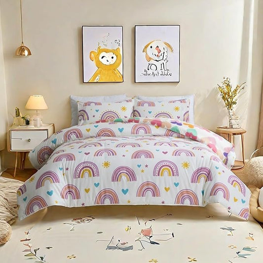 Btargot Lightweight Soft 3 Piece Rainbow Comforter Set with 2 Pillow Covers, Cartoon Love Hearts Suns and Stars Bedding Set for Girls Boys Kids, Twin Purple
