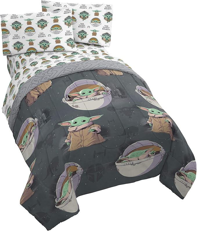 Jay franco StarWars The Mandalorian The Child 4 Piece Twin Bed Set-Includes Reversible Comforter&Sheet Set-Bedding Features Baby Yoda-Super Soft Fade Resistant Microfiber (Official StarWars Product)