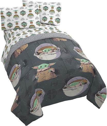 Jay Franco Star Wars The Mandalorian The Child 5 Piece Queen Bed Set - Includes Reversible Comforter & Sheet Set - Bedding Features Baby Yoda - Super Soft Fade Resistant Microfiber Official Product
