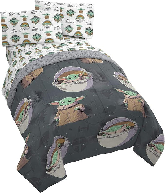 Jay Franco Star Wars The Mandalorian The Child 5 Piece Queen Bed Set - Includes Reversible Comforter & Sheet Set - Bedding Features Baby Yoda - Super Soft Fade Resistant Microfiber Official Product