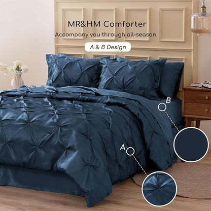 MR&HM Satin Comforter King 7 Pieces - Luxurious Pinch Pleat Bedding Set with Comforter, Flat Sheet, Fitted Sheet, Pillowcases & Shams, Super Silky Soft Bed Set for All Season (King, Mood Indigo)