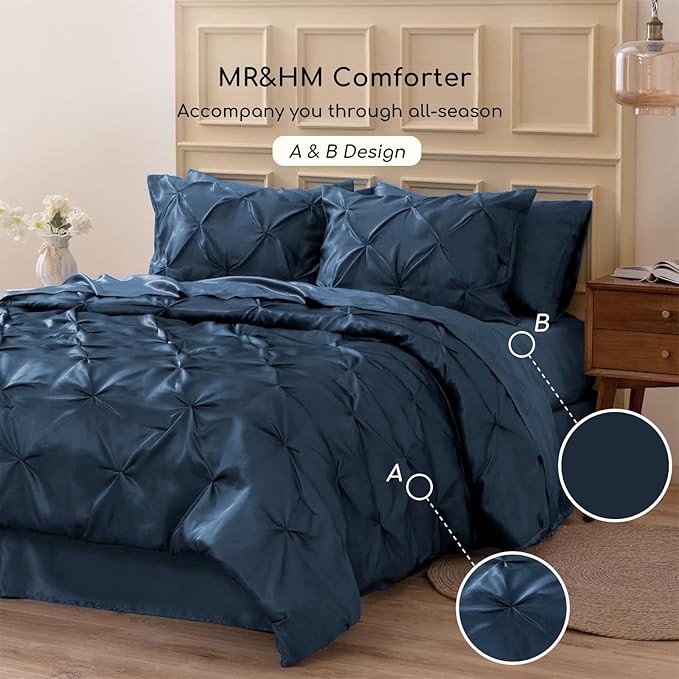 MR&HM Satin Comforter Queen 7 Pieces - Luxurious Pinch Pleat Bedding Set with Comforter, Flat Sheet, Fitted Sheet, Pillowcases & Shams, Super Silky Soft Bed Set for All Season (Queen, Mood Indigo)