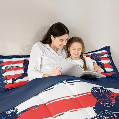 Feelyou Lacrosse Comforter Set Twin Size Boys Gilrs American Flag Sports Theme Bedding Set for Kids Adults Ultra Soft Lacrosse Player Games Comforter Navy Blue Duvet Set Room Decor Quilt Set